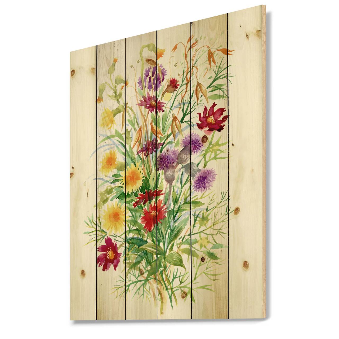 Designart - Colorful Wildflowers In Nature - Farmhouse Print on Natural Pine Wood